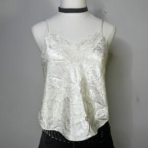 Vtg White Floral Brocade Satin Cami Roses Camisole Fairy Whimsygoth Indie 80s 38